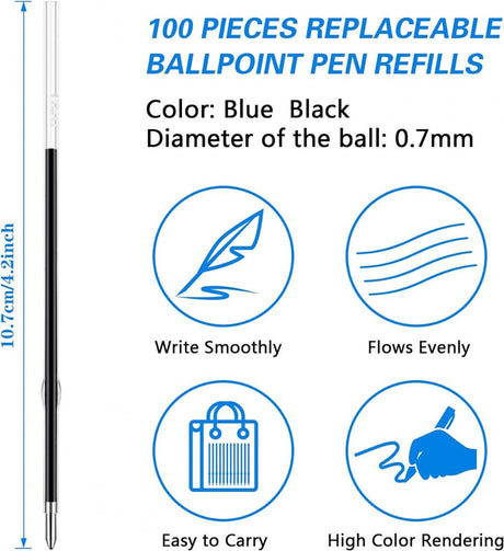 100 darabos, 0.7 mm-es, fekete és kék golyóstoll utántöltő csomag, irodai és iskolai használatra - Outlet24