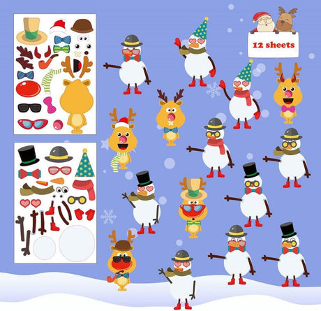 12 lapos Matogle Karácsonyi Hóember Rénszarvas matricák gyerekeknek, játékokhoz, saját Elk - Outlet24