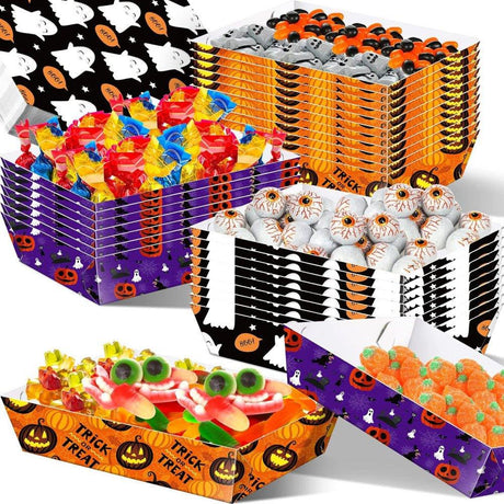 120 darabos csomag Halloween Papír Étel Tálca, Elvitelre alkalmas, tálcák fekete, lila és narancssárga színekben , tök, szellem, boszorkány mintákkal díszítve - Outlet24