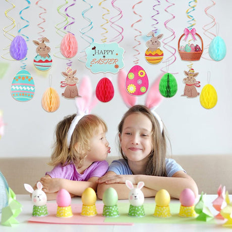 23 db Húsvéti mennyezeti függő dekoráció tojásspirál nyuszi mintával és papír méhsejt tojásokkal - Outlet24