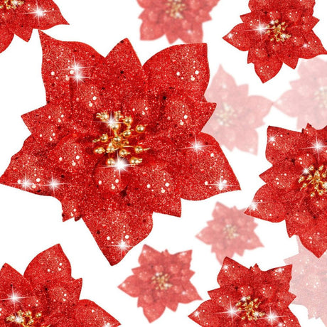 24 darabos Csillámos Műanyag Poinsettia Karácsonyi Virágok, Piros Színben, Különböző Méretekben - Outlet24