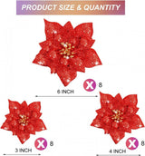 24 darabos Csillámos Műanyag Poinsettia Karácsonyi Virágok, Piros Színben, Különböző Méretekben - Outlet24