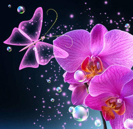 5D Gyémántfestő Készlet - Orchideák Színes Buborékok Pillangó - Outlet24