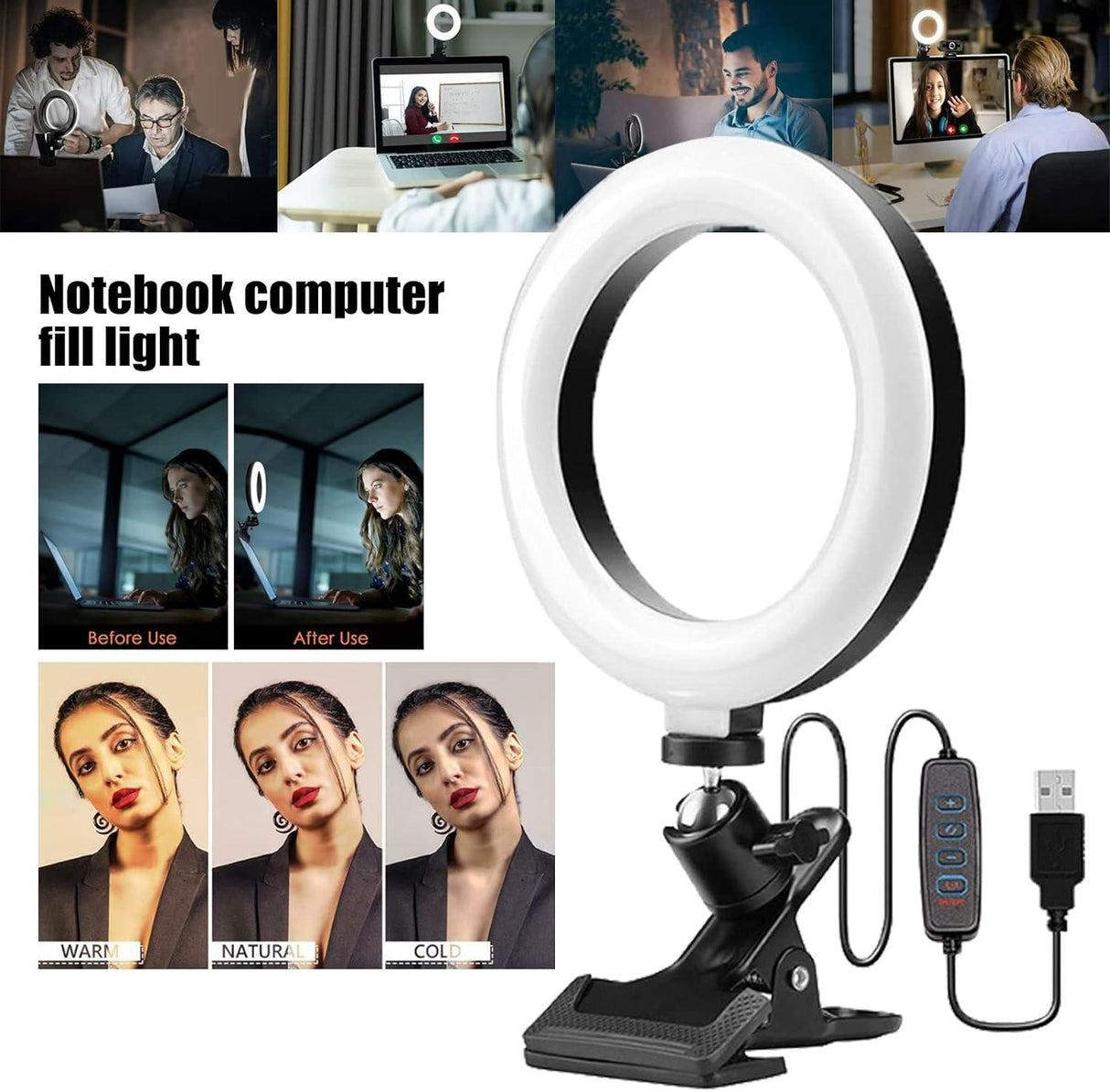 6 Inch USB Csíptethető Gyűrű Fény Távirányítóval, 3 Színmod, 10 Fényerő - Open Box - Outlet24