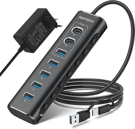 7 Portos USB C 3.2 Hub Aktív Tápellátással, Alumínium, Fekete - Outlet24