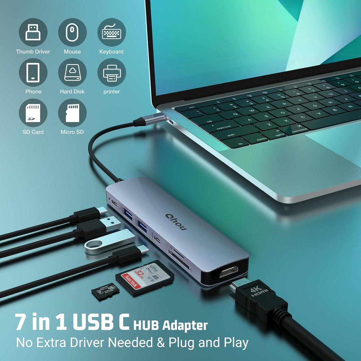 Qhou 7 az 1-ben Type C Adapter 4K HDMI, USB 3.0, SD/TF Olvasó, 100W PD
