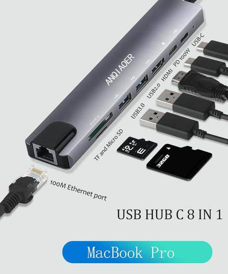 8 az 1-ben USB C Hub: Ethernet, 4K HDMI, PD Töltés, SD/TF Olvasó