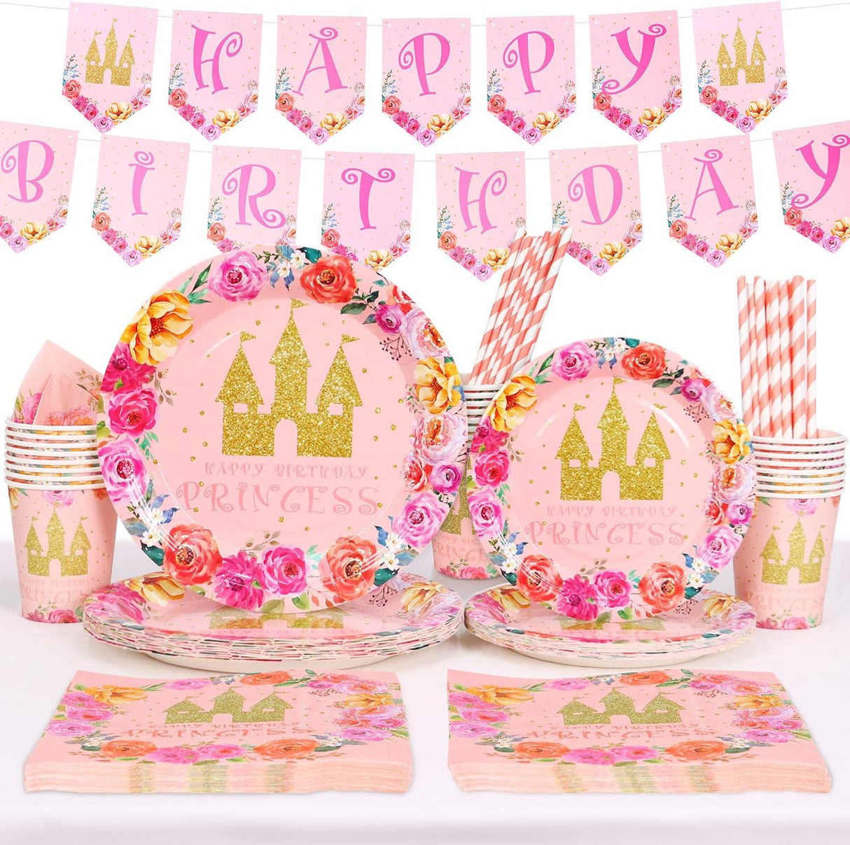 ercegnős Születésnapi Dekorációs Készlet, Rózsaszín Tányérok és Poharak