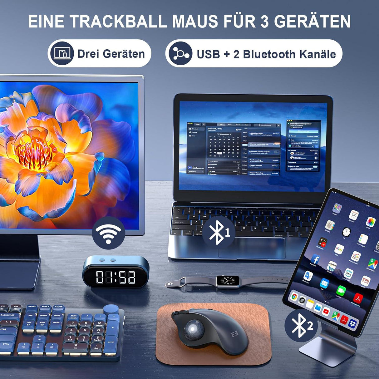 Vezeték nélküli Trackball Egér, USB & Dual Bluetooth
