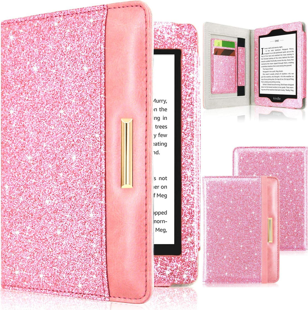 Kindle Paperwhite PU Bőr Tok, Kártyatartóval, Glitter Rózsaszín