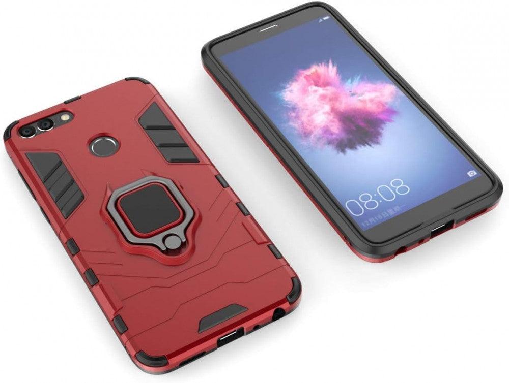 Vörös Kétrétegű Tok Huawei P Smart, Enjoy 7S-hez, Beépített Forgatható Gyűrűvel