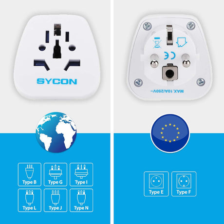 SYCON Univerzális Utazóadapter, Világból Európába, Német Aljzatra, Fehér