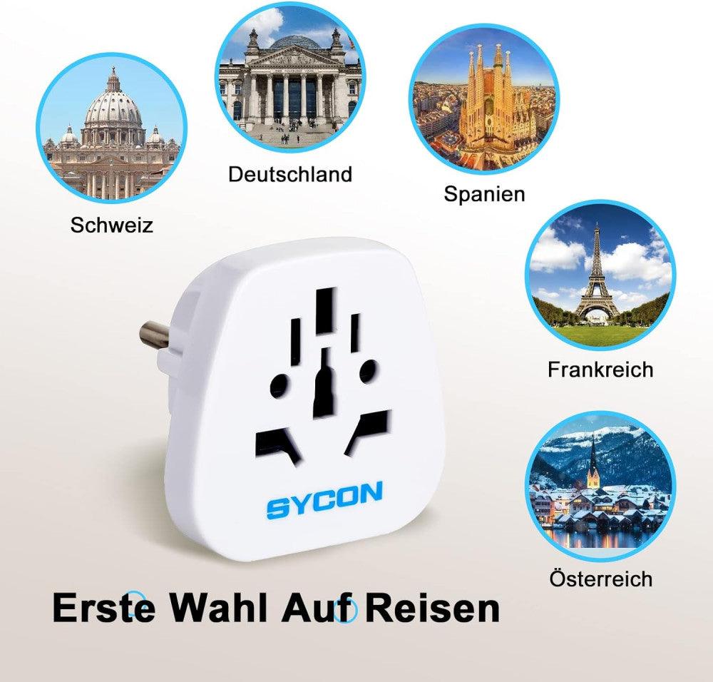 SYCON Univerzális Utazóadapter, Világból Európába, Német Aljzatra, Fehér