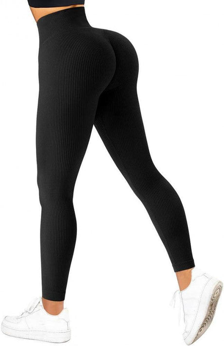 SUUKSESS Női magas derekú, varrás nélküli bordázott leggings, fekete, L méret Újracsomagolt termék