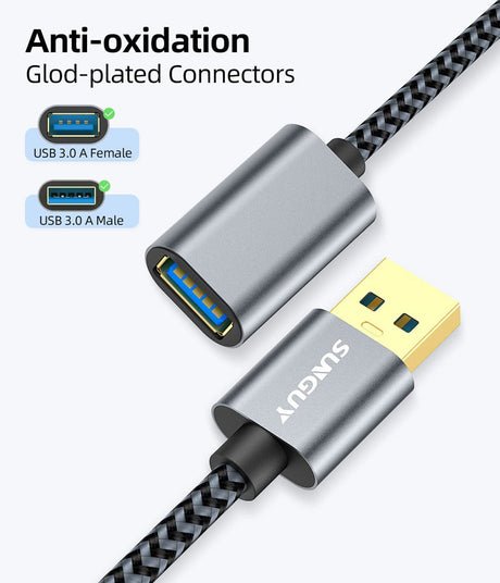 SUNGUY USB 3.0 Hosszabbító Kábel, 5 Gbps Szuper Gyors, Billentyűzet, Nyomtató, Kamera stb. - Szürke Újracsomagolt termék