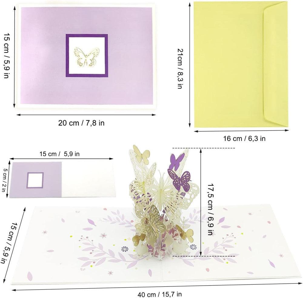 Sinzau 3D-s kártya, lila pillangós virágok, 3D-s felugró üdvözlőkártya, kivágott papír, borítékkal