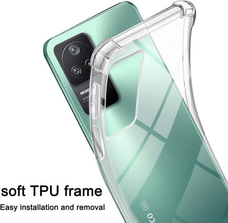 Xiaomi Poco F4 tok üvegfóliával, átlátszó szilikon védőtok fekete pánttal