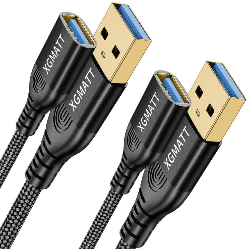 XGMATT USB 3.0 Hosszabbító Kábel, 2m, 2 darab, Alumínium Csatlakozók, Nylon Huzalhálós Burkolat, Fekete