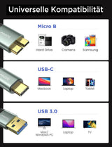 AINOPE Micro USB 3.0 merevlemez-kábel 0,5 m, [Új frissítés] USB Micro B-USB C kábel, Nylon fonott USB A/C dugó-Micro B - Újracsomagolt termék - Outlet24