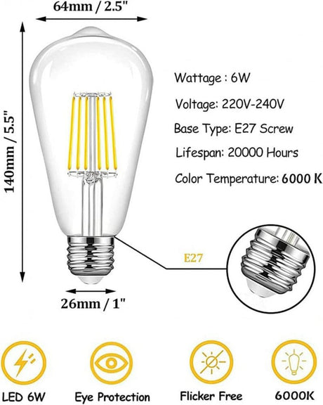 Aiwerttes E27 LED Retro Dekor Izzó, 6W, Hideg Fehér, 600LM, 6 db - Outlet24