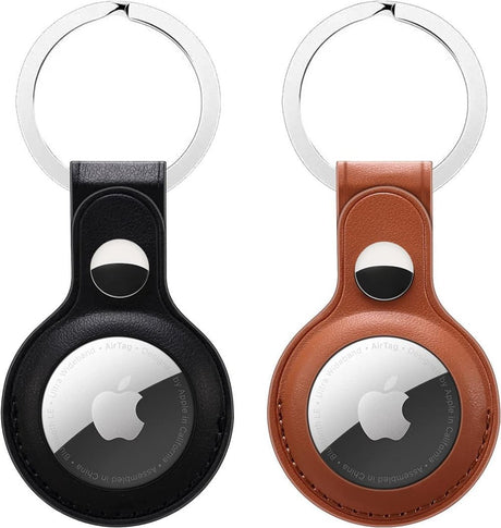 Apple AirTag Bluetooth Nyomkövető Bőr Tartó Kulcskarikával, 2 darabos csomag (Barna-Fekete) - Outlet24