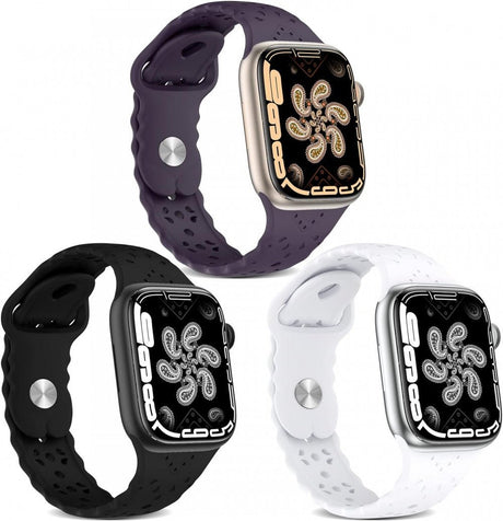 Apple Watch Szilikon Óraszíj, 38/40 mm, Légáteresztő, Csipkés Mintázatú, 3 darabos készlet (Lila-Fekete-Fehér) - Outlet24