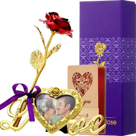 Aranyozott Műanyag Rózsa Valentin napra, ajándékba, Fotókerettel és Üdvözlőkártyával, 25 cm - Outlet24