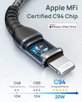 BLACKSYNCZE USB C - Lightning Gyors Töltő Kábel, MFi Tanúsítvánnyal, iPhone 13/12/11/XR/XS/X/8 Plus/SE 2020-hoz, Szürke Újracsomagolt termék - Outlet24