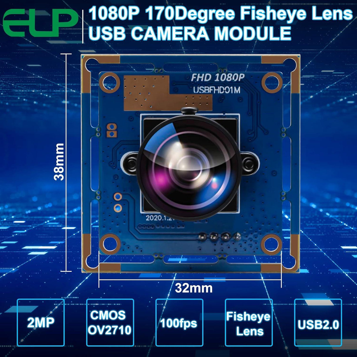 ELP 170 fokos Fisheye Lencsés USB Kamera, 1080p HD Felbontás, OV2710 CMOS, 2 Megapixeles Nagy Sebességű Mini Kamera Modul Robotokhoz, ATM-ekhez és Infókioszkokhoz - Outlet24