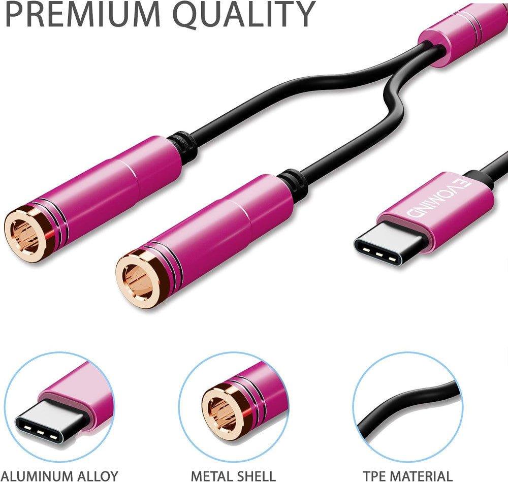 EVOMIND rózsaszín USB-C-Audio Jack kettős kábel 3,5 mm-es csatlakozóaljzattal(30 cm) - Outlet24