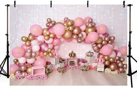Fotó Háttér Rózsaszín Arany Virágos Lufis Koronás, Első születésnapra, 210 x 150 cm - Outlet24
