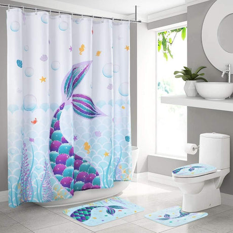 Fürdőszobai sellő szett Zuhanyfüggöny - WC borítás és szőnyeg- Fürdőszőnyeg - Outlet24