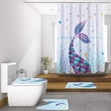Fürdőszobai sellő szett Zuhanyfüggöny - WC borítás és szőnyeg- Fürdőszőnyeg - Outlet24