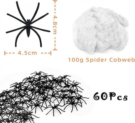 Halloween dekoráció pókháló 100 g , 60db Műpókkal, nyújtható halloween-pókháló ,(Szín: fekete-fehér) ( Méret :27 m"2 ) - Outlet24