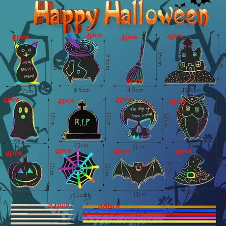 Halloween karcolókép kreatív készlet - 48 darabos Gyermek szivárvány karcolókép és könyvjelző szett - Outlet24