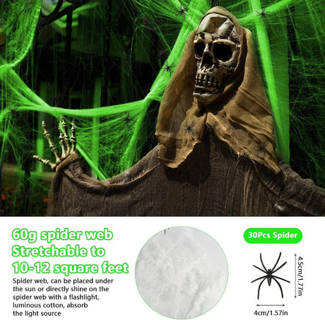 Halloween party kiegészitő,30 db műanyag pókokkal, 1 db rugalmas dekoratív pókháló dekoráció (Szín: Fekete- Fehér) - Outlet24