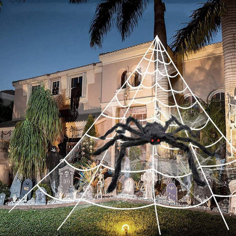 Halloweeni Dekoráció: Nagy Méretű Háromszög Pókháló, 40g Fehér Pókháló, 75cm Fekete Pók Szett - Outlet24