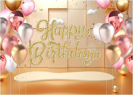 "Happy Birthday" feliratú fotóstúdió háttér(2,1x 1,5 m) Arany és rózsaszín színű színű - Outlet24
