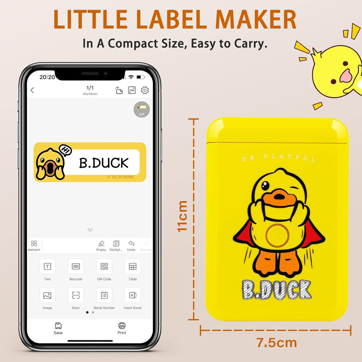 Hordozható Címkenyomtató - Öntapadós, Sárga B.Duck Mini, iOS & Android - Outlet24