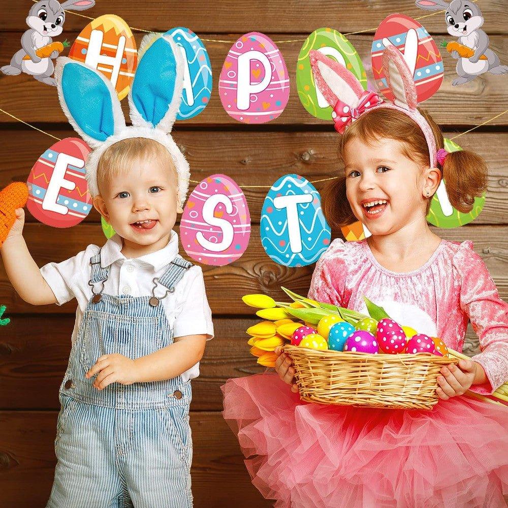 Húsvéti dekorációs készlet "Happy Easter" felirattal, papírszalagos füzér, aranyos húsvéti nyúl díszítőkészlet - Outlet24