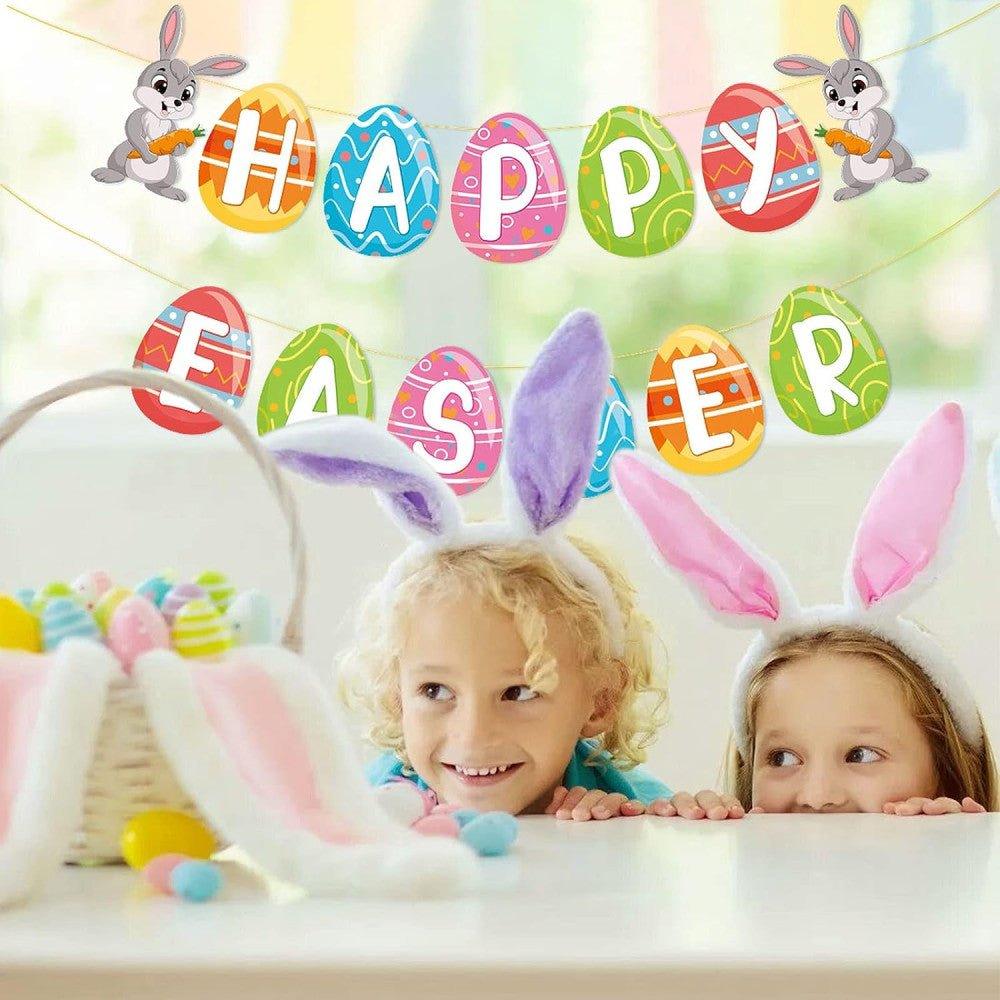 Húsvéti dekorációs készlet "Happy Easter" felirattal, papírszalagos füzér, aranyos húsvéti nyúl díszítőkészlet - Outlet24