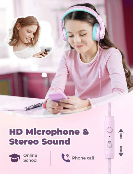 iClever HS19 Gyerekeknek Sztereó Fülhallgató, Beépített Mikrofonnal, Hangerő Korlátozóval és Megosztó Funkcióval, Rózsaszín Újracsomagolt termék - Outlet24