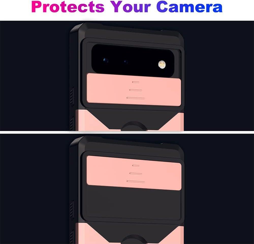 Jusy Google Pixel 6A Védőtok Kameravédelemmel, Üvegfóliával, Kártyatartóval és Fém Gyűrűtartóval - Rózsaszín - Outlet24