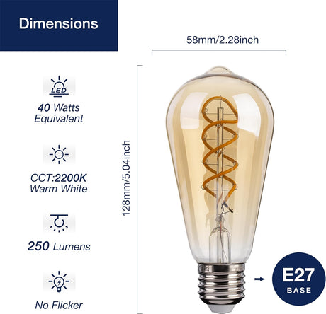 LED Meleg Fehér Edison Vintage Spirál Filament Izzó, 4W E27, 4db - Outlet24