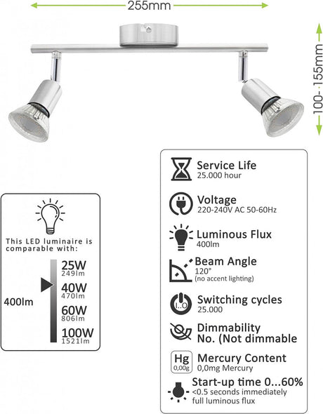 Lumare 2 ágú mennyezti lámpa, 5W GU10 LED , Mennyezeti Spotlámpa, 400 Lumen, AC 230V, 120° Sugárzási Szög, Meleg Fehér (2700K) Újracsomagolt termék - Outlet24