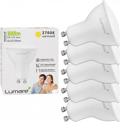 Lumare GU10 LED Spot 4W, 35W Helyettesítő, 340 Lumen, Meleg Fehér, Energiahatékony Izzó, Széles Sugárzószögű - 5 darabos készlet Újracsomagolt termék - Outlet24
