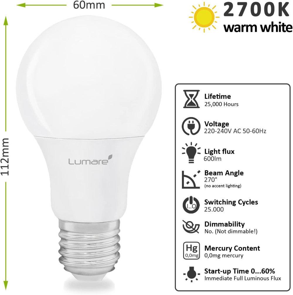 Lumare LED lámpa 7W A60 csepp alakú meleg fehér 2700K villanykörte 5 db - Outlet24