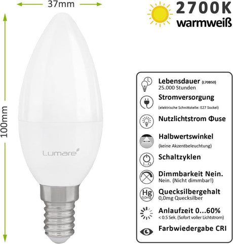 Lumaro LED Gyertya Izzó E14 5W, 40W Helyettesítő, 410 Lumen, 2700 Kelvin, Meleg Fehér Újracsomagolt termék - Outlet24