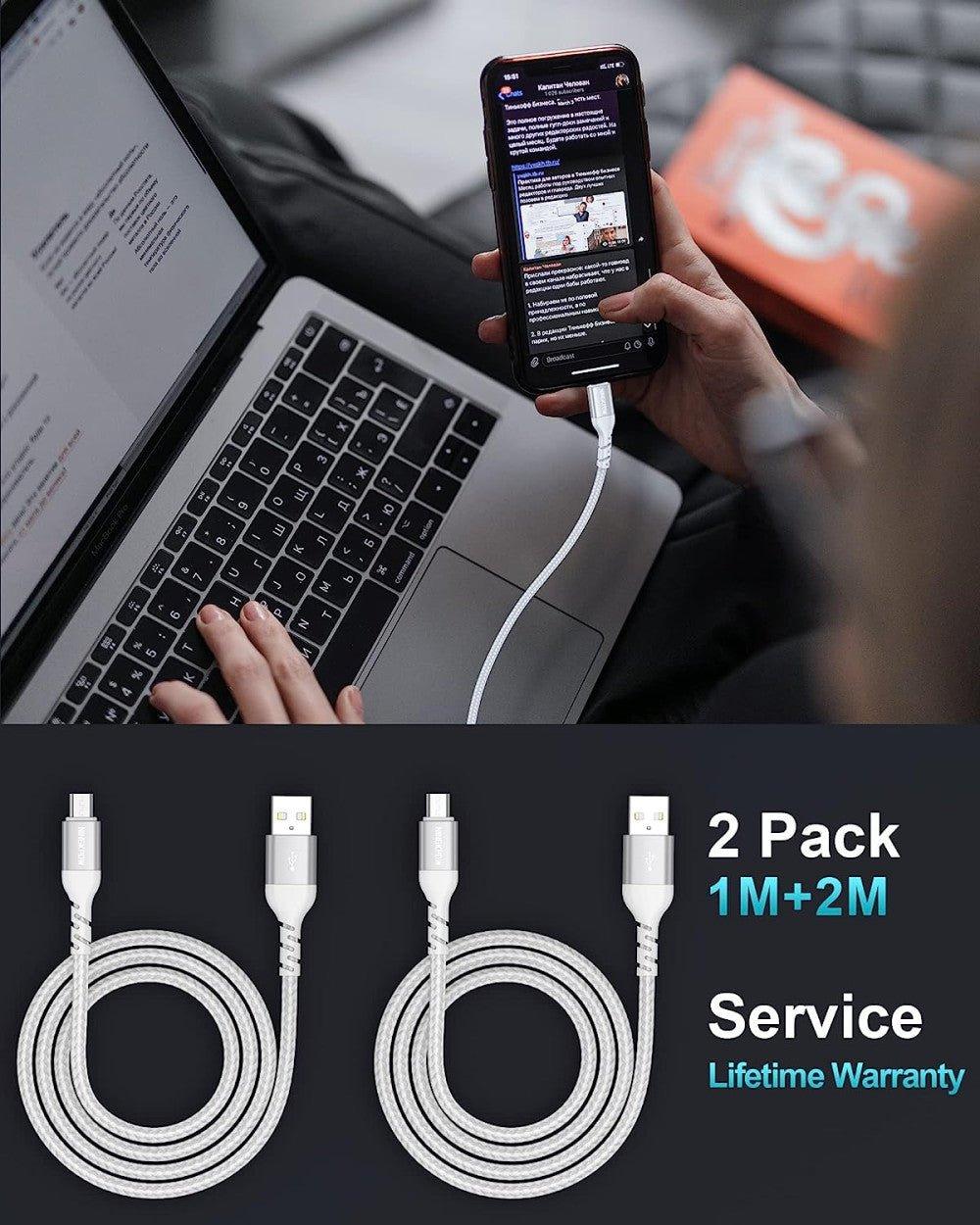 NINGKPOW Micro USB kábel 1M+2M töltőkábel Gyorstöltő, Ezüst - Outlet24
