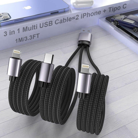 1 méteres nylon fonott 3 az 1-ben többfunkciós USB-kábel iPhone Lightning kábel USB Type-C csatlakozóval - Outlet24